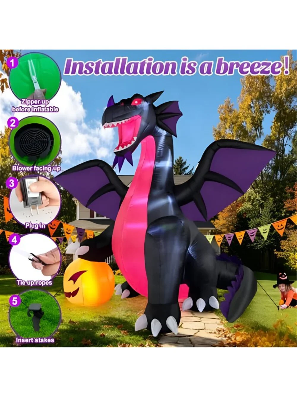 12FT Halloween Inflatable Dragon with Pumpkin Outdoor Decoration